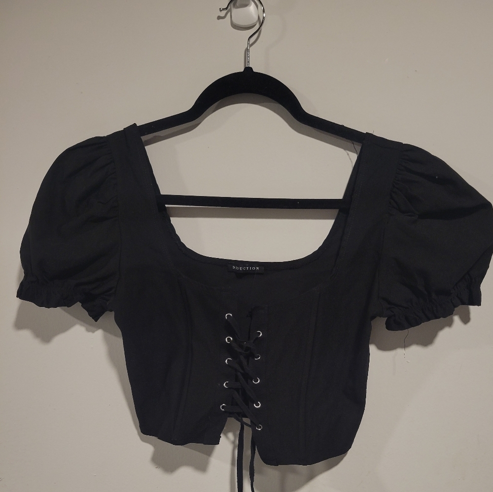 Vintage Seduction, tie up, puff sleeve, cropped corset top, xs/s